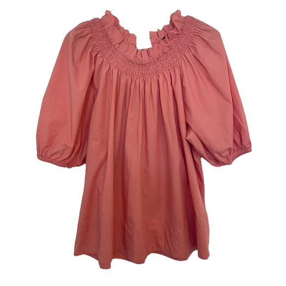 J.Crew Smocked Neck Puff Sleeve Lace Up Back Poplin Top Pink Womens Size Large - Picture 2 of 11